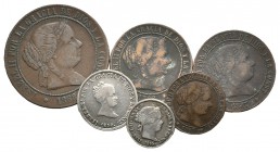 ISABEL II. Lote compuesto por 6 monedas de la ceca de Sevilla: 1 Céntimo de Escudo. 1867. OM; 2 1/2 Céntimos de Escudo. 1867 y 1868. OM; 5 Céntimos de...