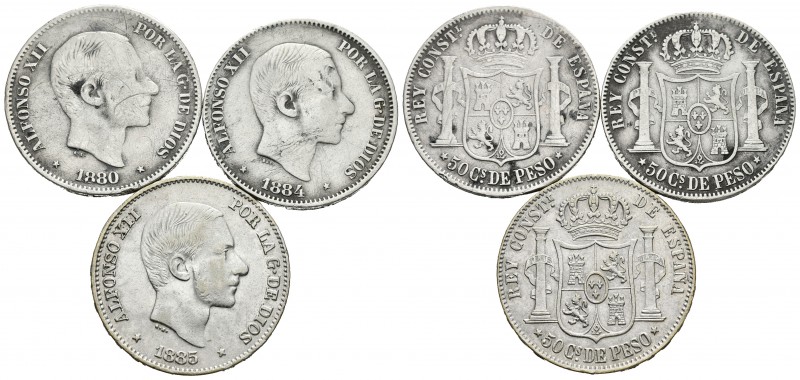 ALFONSO XII. Lote compuesto por 3 monedas de 50 Centavos de Peso. 1880, 1884 y 1...