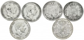 ALFONSO XII. Lote compuesto por 3 monedas de 50 Centavos de Peso. 1880, 1884 y 1885. Manila. Cal-78; Cal-84; Cal-86. Ar. MC/MBC+. A EXAMINAR.