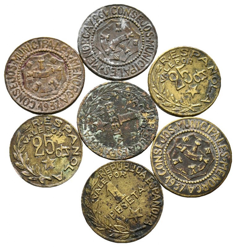 GUERRA CIVIL. Lote compuesto por 7 monedas de Menorca. 1 Peseta 1937 (5) y 25 Cé...