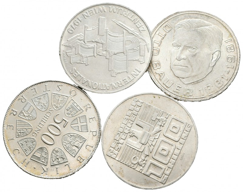 AUSTRIA. Lote compuesto por 4 monedas de plata de 100 y 500 Schilling, incluyend...