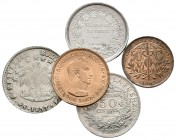 BOLIVIA. Lote compuesto por 5 monedas: 4 Soles. 1857. Potosí FJ; 1/2 Boliviano. 1893. Potosí CB; 1/2 Boliviano. 1900. Potosí MM; 50 Céntimos. 1942 y 1...
