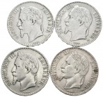 FRANCIA. Lote compuesto por 4 monedas de 5 Francs de plata. 1867. Paris A. 1868. Strasbourg BB. 1869. Strasbourg BB y 1870. Paris A. MBC-/MBC. A EXAMI...