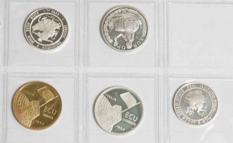 ITALIA. Conjunto de 5 monedas de Ecu desde 1992 hasta 1995, excepto 1994, incluy...
