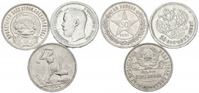 RUSIA. Lote compuesto por 3 monedas de 50 Kopeks. 1896. Km#58.2. Ar. 9,78g; 1921. Km#84. Ar. 10,02g y 1924. Km#89.1. Ar. 9,92g. Ar. MBC-/MBC+.