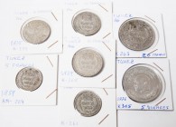 TUNEZ. Lote compuesto por 6 monedas de plata. 2 Francs 1915 Km#239; 5 Francs 1939 Km#261, 264; 10 Francs 1939 Km#262, 265; 20 francs Km#263 y 5 Dinare...