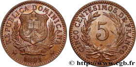 DOMINICAN REPUBLIC
Type : 5 Centesimos Proof 
Date : 1891 
Mint name / Town : Paris 
Quantity minted : 400000 
Metal : bronze 
Diameter : 25  mm
Orien...