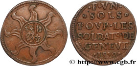 SWITZERLAND - REPUBLIC OF GENEVA
Type : Sol 
Date : 1590 
Mint name / Town : Genève 
Quantity minted : - 
Metal : copper 
Diameter : 22  mm
Orientatio...