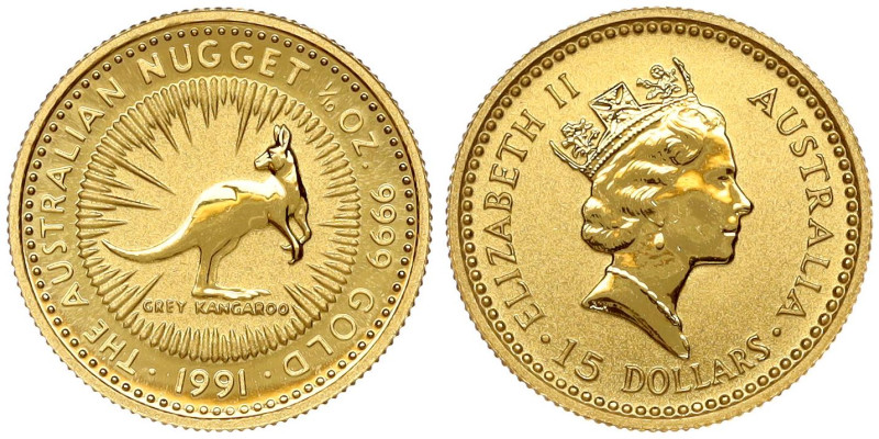 Australia. Elizabeth II (1952-2022). 15 Dollars 1991, Kangaroo. Gold .9999, 3.11...