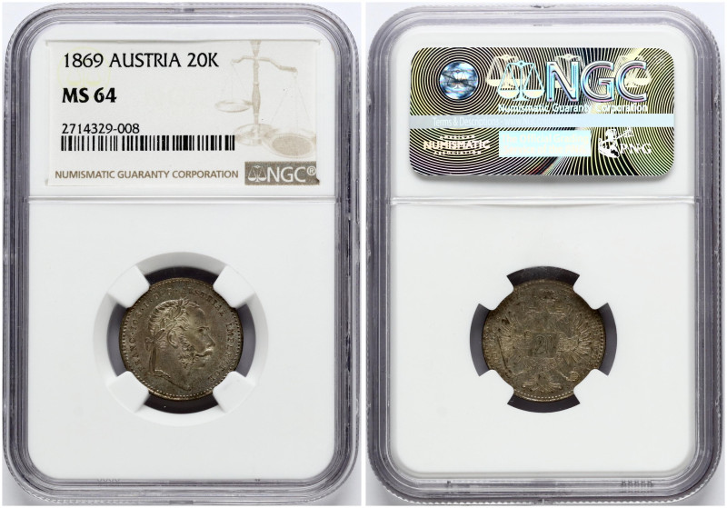 Austria. Franz Joseph I (1848-1916). 20 Kreuzer 1869. Silver. KM 2212. NGC MS 64...