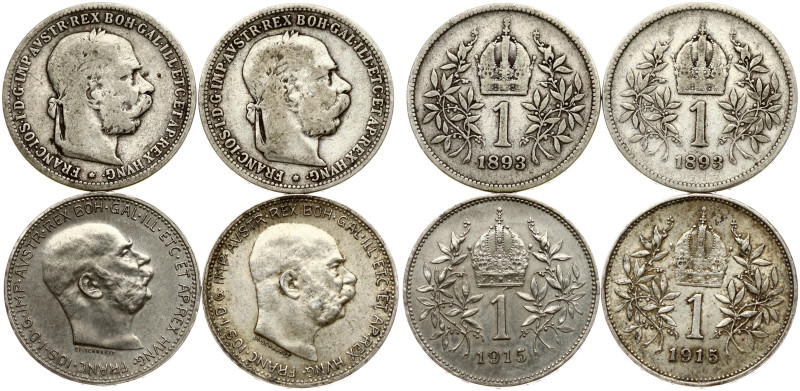 Austria. Franz Joseph I (1848-1916). 1 Corona 1893 & 1915. Silver total weight 1...
