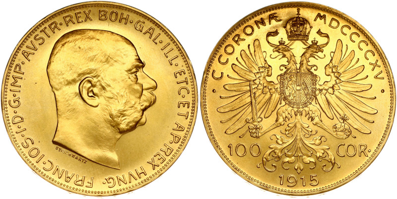 Austria. Franz Joseph I (1848-1916). 100 Corona 1915, Restrike. Gold .900, 33.82...