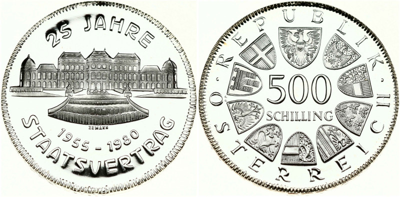 Austria. 500 Schilling 1980 25th Anniversary of the State Treaty. Silver .640, 2...