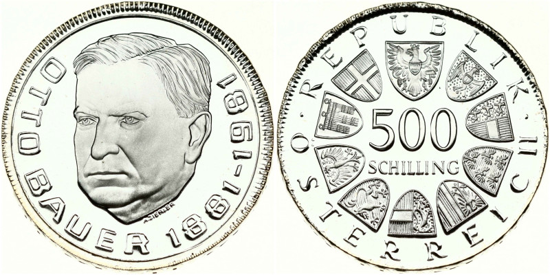 Austria. 500 Schilling 1981 Otto Bauer. Silver .640, 24 g. KM-2953.