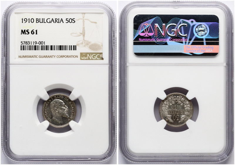 Bulgaria. Ferdinand I (1887-1918). 50 Stotinki 1910. Silver. KM 27. NGC MS 61.