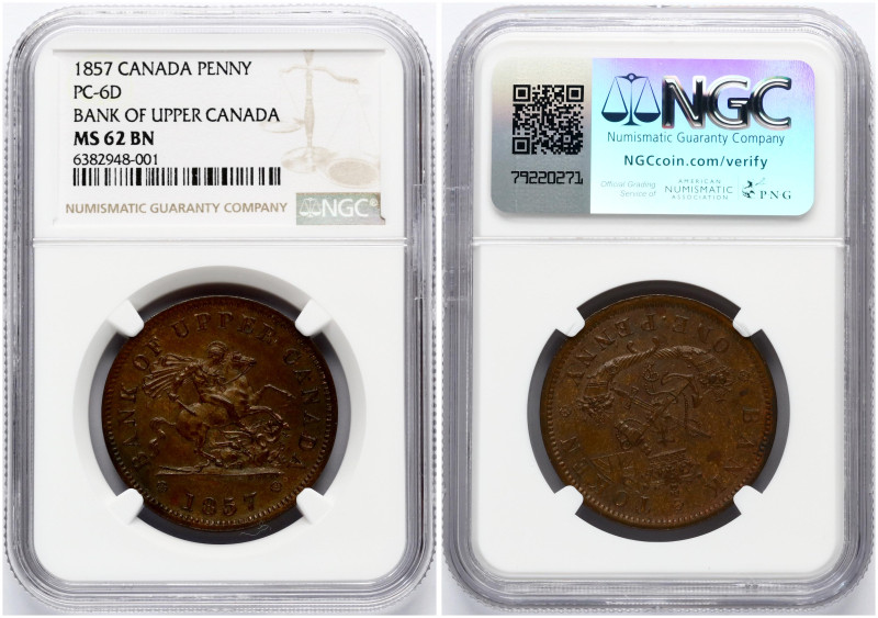Canada, Upper Canada. Penny 1857. Copper. PC 6D, KM Tn3. NGC MS 62 BN.