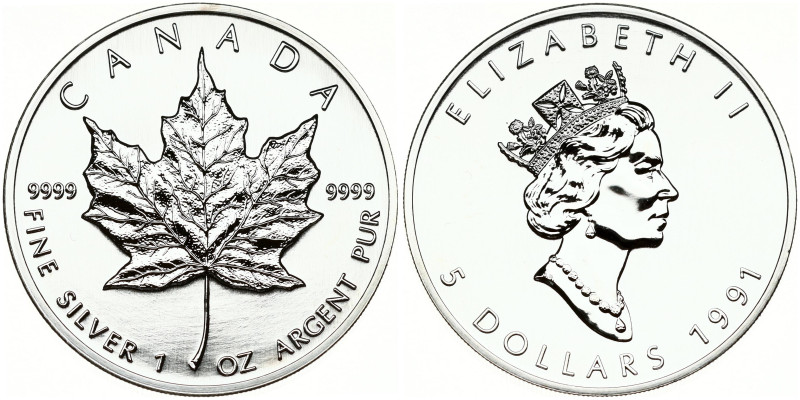 Canada 5 Dollars 1991 Elizabeth II (1952-2022). Silver .9999, 31.10 g. KM-187