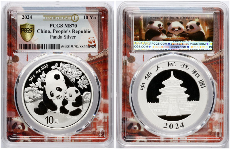 China. 10 Yuan 2024 Panda. Silver .999, 30 g. KM 2816. PCGS MS 70. MAX GRADE.