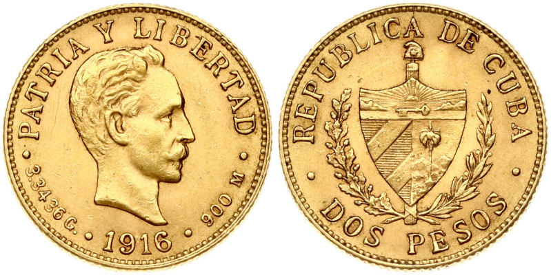 Cuba. 2 Pesos 1916 Jose Marti. Gold 3.34 g. KM-17.