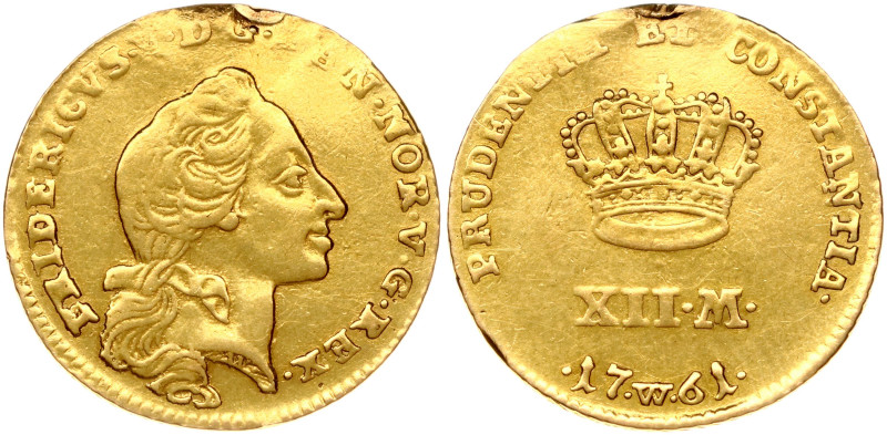 Denmark. Frederik V (1746-1766). 12 Mark 1761 W;W. Gold .875, 3.02 g. KM 587.4. ...