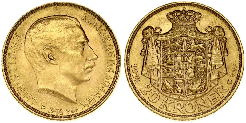 Denmark. Christian X (1912-1947). 20 kroner 1914 AH VBP. Gold 8.96 g. Fr. 299; K...