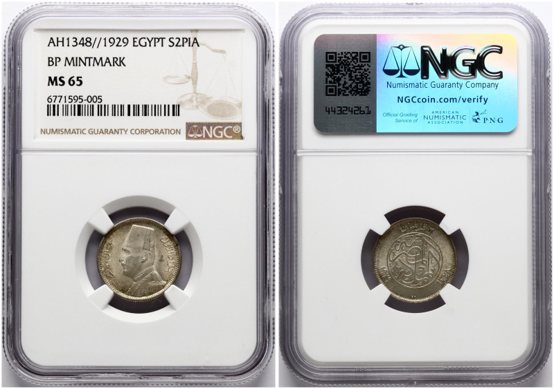 Egypt. Ahmed Fuad I (1922-1936). 2 Qirsh 1348 (1929) BP. Silver. KM 348. NGC MS ...