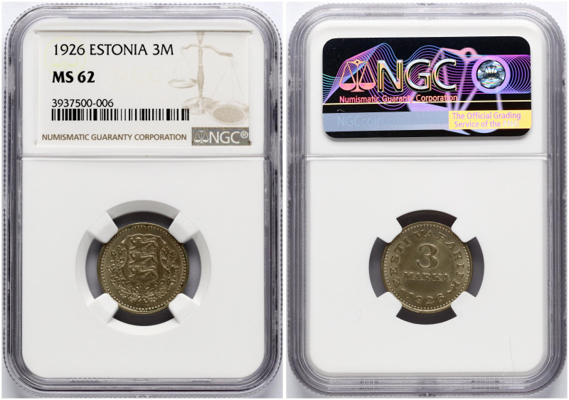 Estonia. 3 Marka 1926. Nickel brass. KM 6. NGC MS 62.