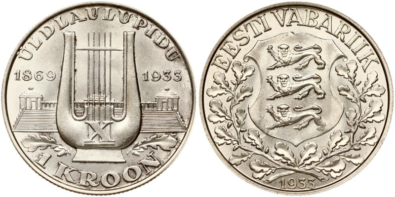 Estonia. 1 Kroon 1933 Song Festival. 10th National Song Festival. Silver 5.96 g....