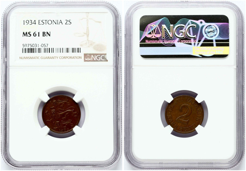 Estonia. 2 Senti 1934. Bronze. KM 15. NGC MS 61 BN