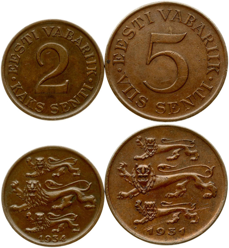 Estonia. 2 Senti 1934 & 5 Senti 1931. Bronze. KM-11; 15; Kaupo Laan-16;17. Lot o...