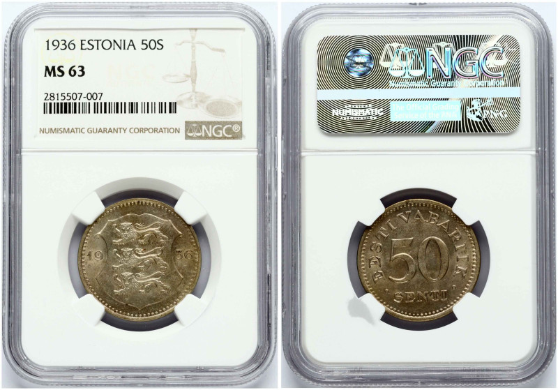 Estonia. 50 Senti 1936. Nickel-bronze. KM 18. NGC MS 63