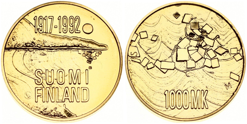 Finland. 1000 Markkaa 1992 S M, Independence. Gold .900, 9.00 g. KM 72.