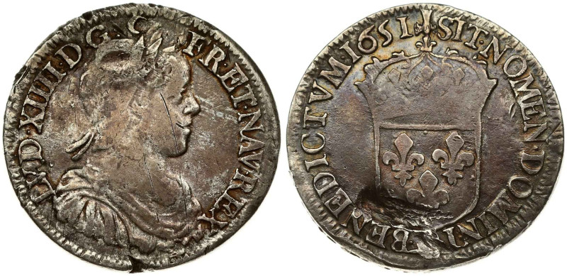 France. Louis XIV (1643-1715). 1/2 Ecu 1651 A, Paris. Silver 13.40 g. Gad. 169; ...