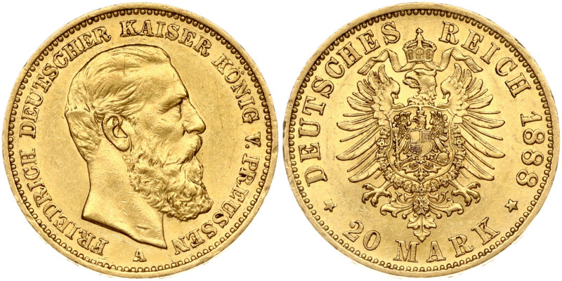 Germany, Prussia. Friedrich III (1888). 20 Mark 1888 A. Gold 7.93 g. KM-515.