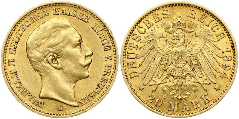 Germany, Prussia. Wilhelm II (1888-1918). 20 mark 1894 A, Berlin. Gold 7.93 g. F...