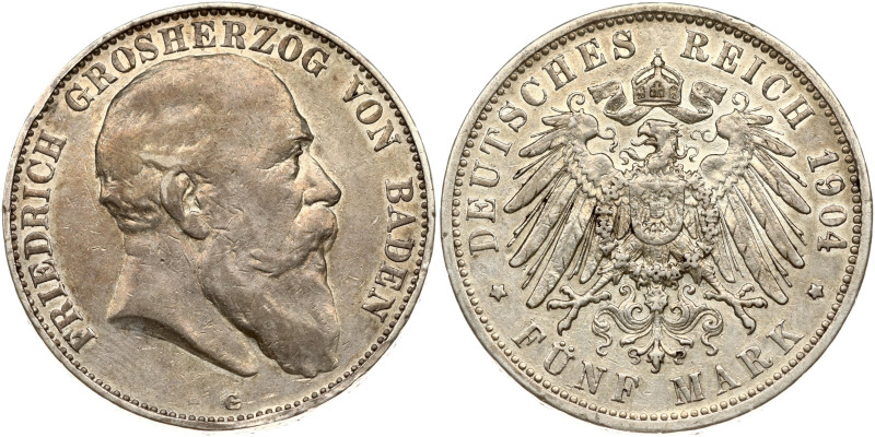 Germany, Baden. Friedrich I (1856-1907). 5 Mark 1904 G. Silver 27.58 g. KM-274.