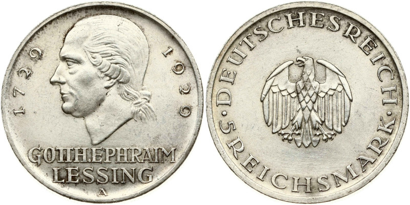 Germany, Weimar Republic. 5 Reichsmark 1929 A, Lessing. Silver 24.97 g. KM 61