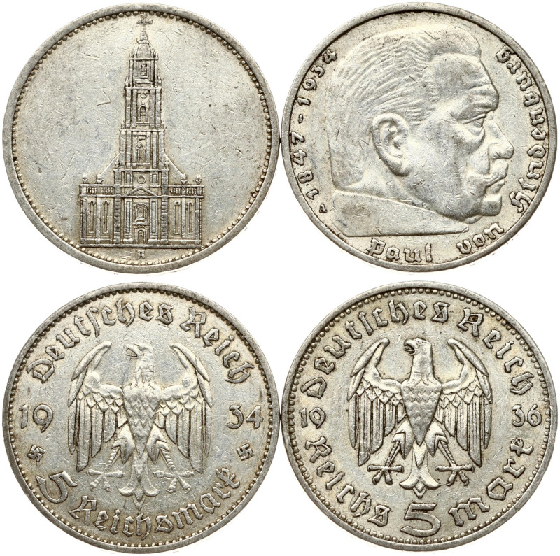 Germany, Third Reich. 5 Reichsmark 1934 A & 1936 A. Silver total weight 27.78 g....