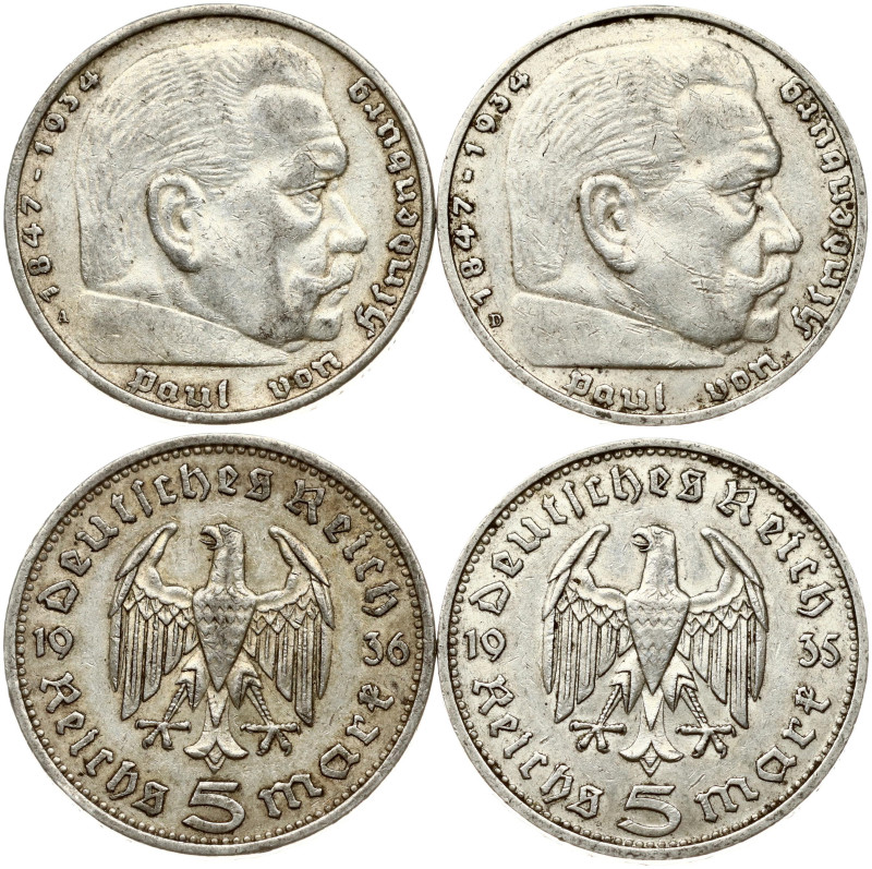 Germany, Third Reich. 5 Reichsmark 1935 D & 1936 A. Silver total weight 27.65 g....