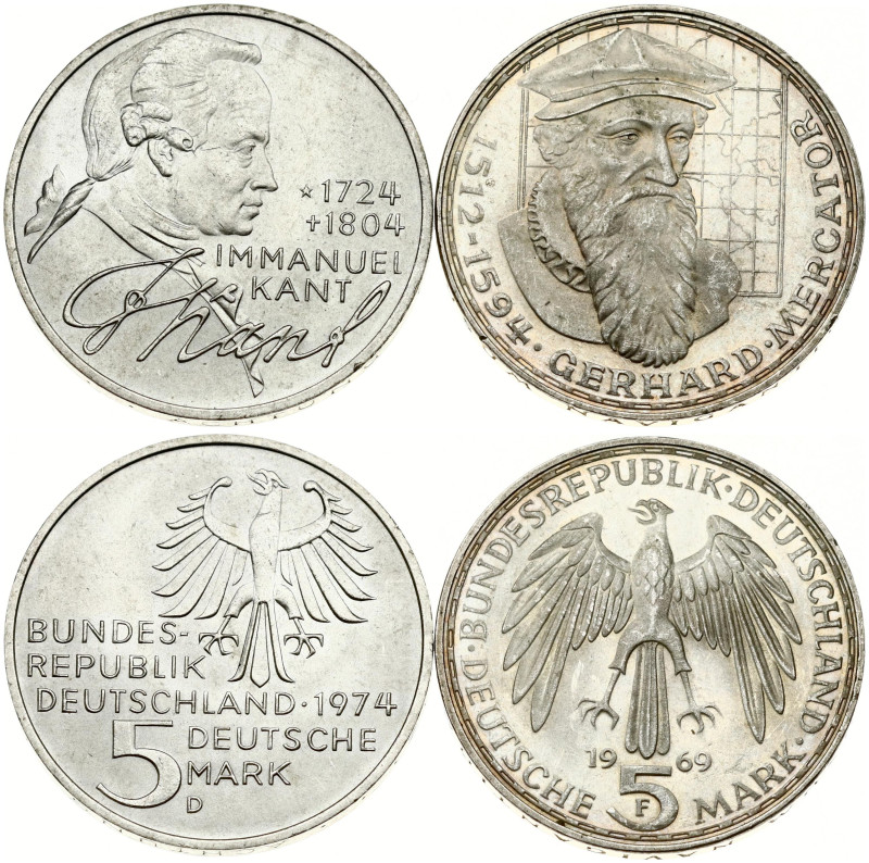 Germany, Federal Republic. 5 Mark 1969 F Gerhard Mercator & 1974 D Immanuel Kant...