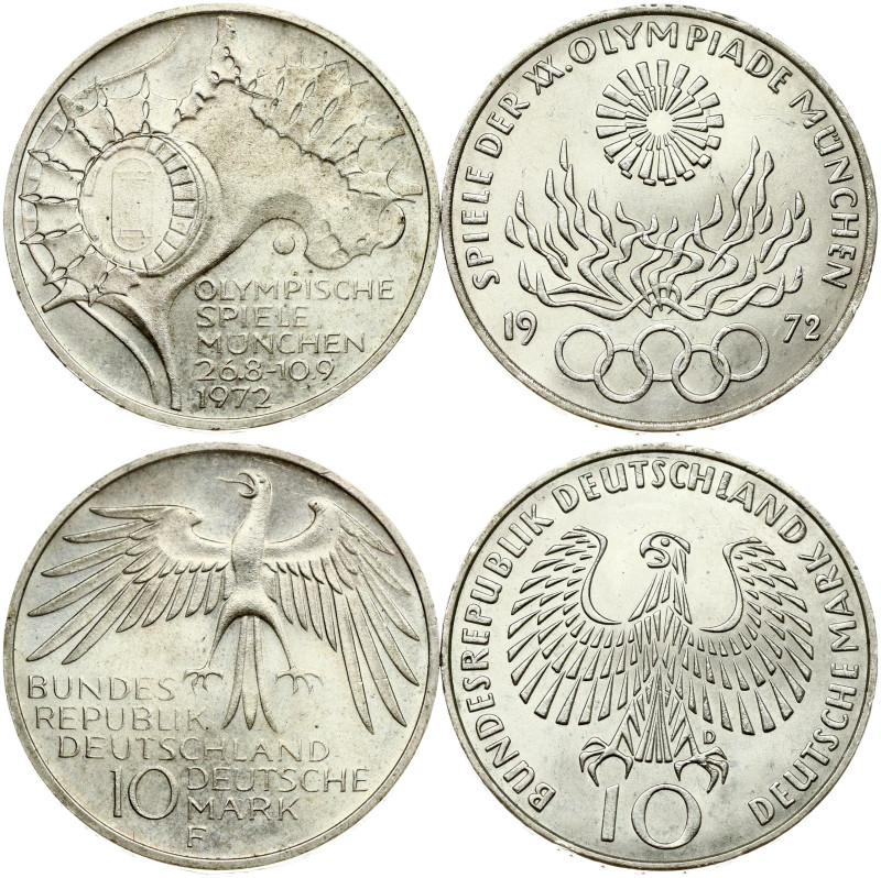 Germany, Federal Republic. 10 Mark 1972 D & 1972 F Olympic Games in Munich. Silv...