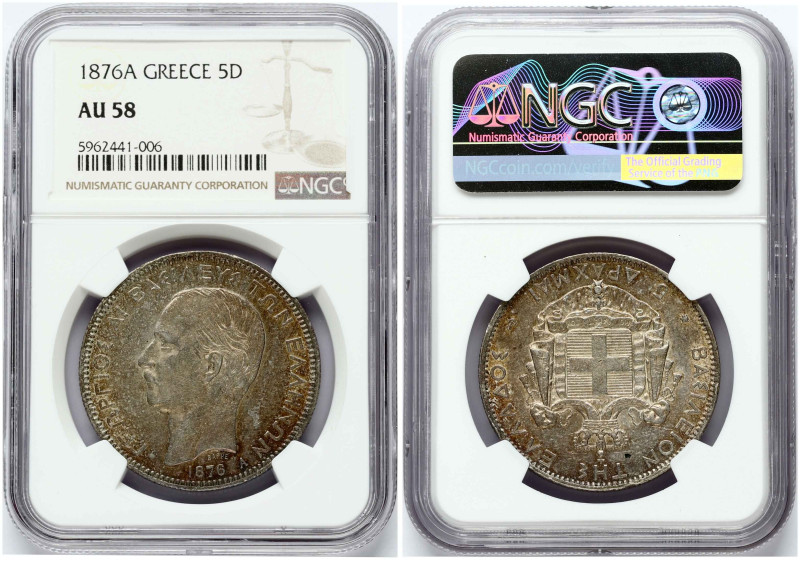 Greece. George I(1863-1913). 5 drachmai 1876 A. Silver. KM 46. NGC AU 58