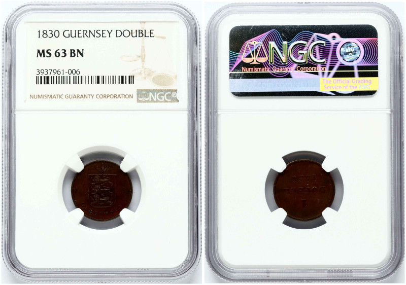 Guernsey. Double 1830. Copper. KM-1. NGC MS 63 BN. ONLY 4 COINS IN HIGHER GRADE