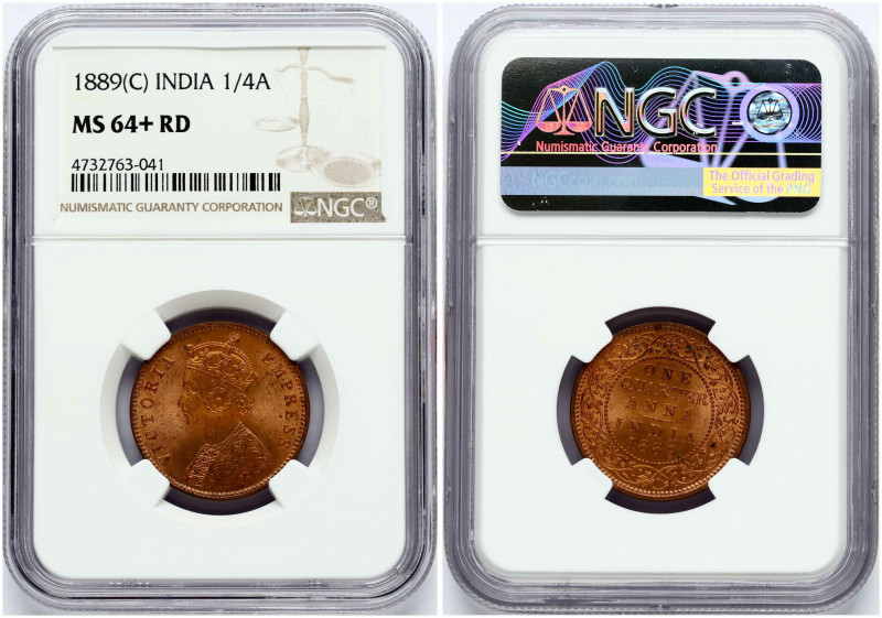 British India. Victoria (1837-1901). 1/4 Anna 1889 (C). Copper. KM 486. NGC MS 6...