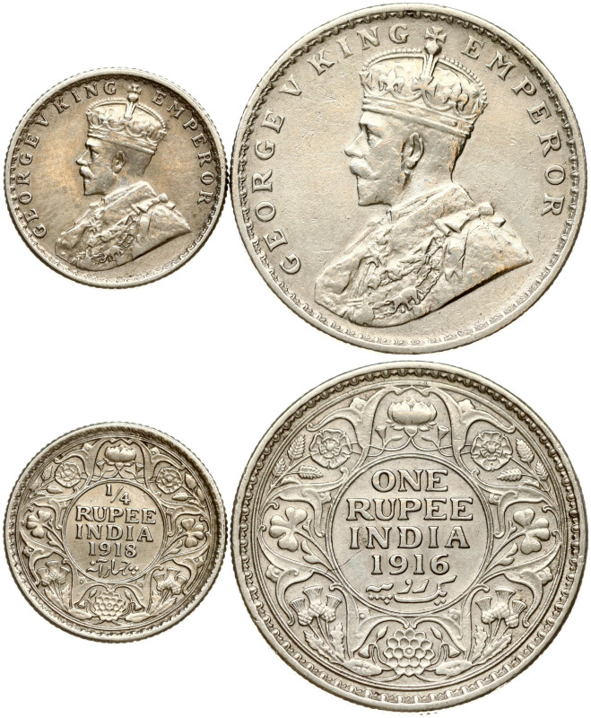 British India. George V (1910-1936). 1/4 Rupee 1918 & 1 Rupee 1916. Silver, tota...