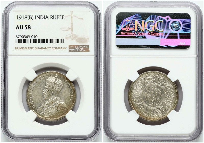 British India. George V (1910-1936). 1 Rupee 1918 B. Silver. KM-524. NGC AU 58