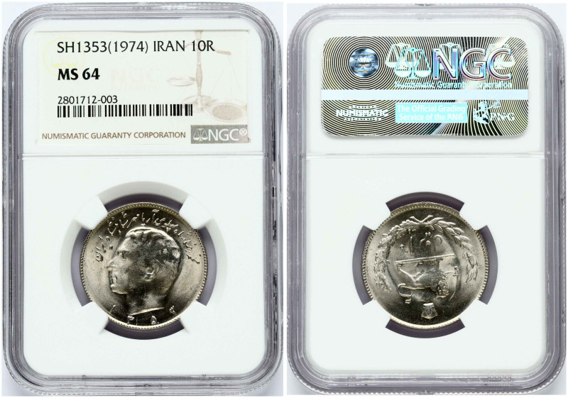 Iran. Mohammad Reza (1941-1979). 10 Rials 1353/1974. Copper-nickel. KM 1179. NGC...