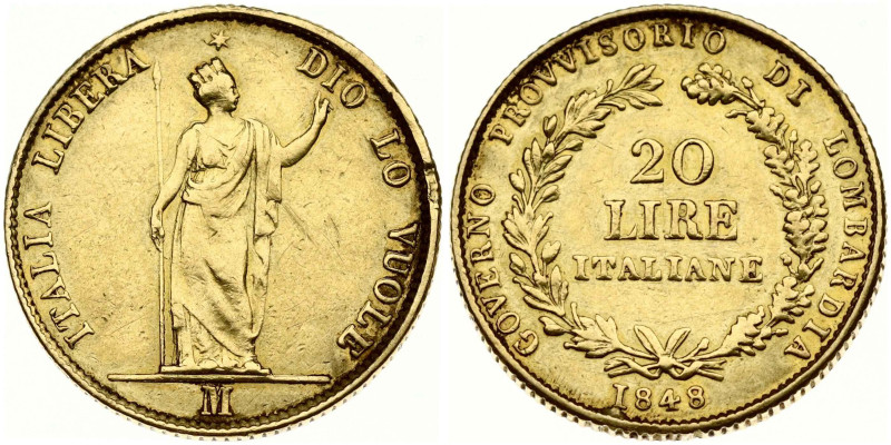 Italy, Lombardy. Provisional government. 20 Lire 1848 M, Milan. Gold 6.35 g. Min...