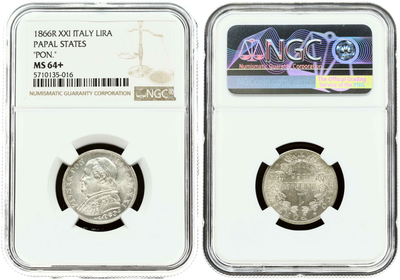 Italy, Vatican. Pius IX(1846-1878 ). 1 Lira 1866-XXI R. Silver. KM 1378. NGC MS ...