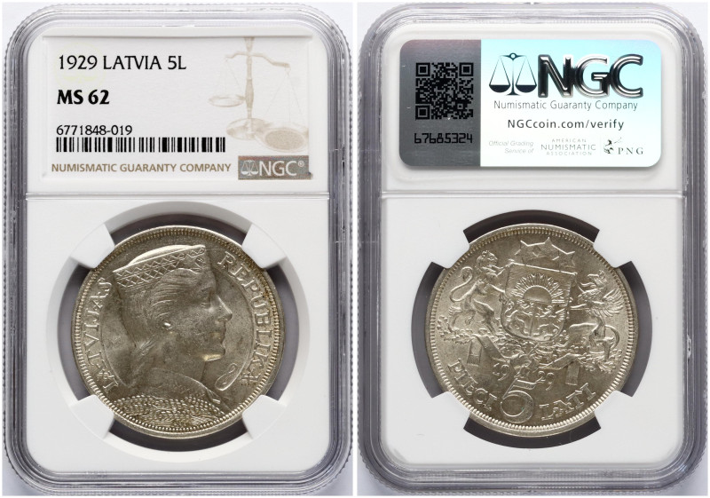 Latvia. 5 Lati 1929. Silver. KM 9. NGC MS 62.